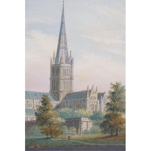 444 - English School, Salisbury Cathedral from the Meadows, oil, a pair, each 16 x 13cm, each gilt framed