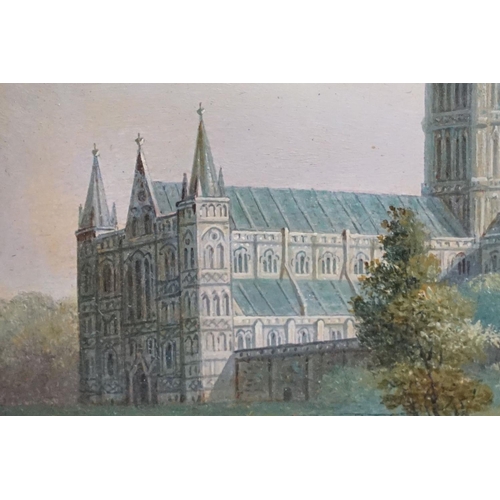 444 - English School, Salisbury Cathedral from the Meadows, oil, a pair, each 16 x 13cm, each gilt framed