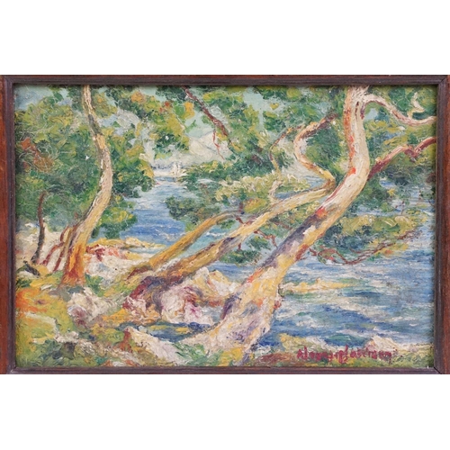 445 - Continental School, study of trees by water, impasto oil on panel, indistinctly signed lower right, ... 