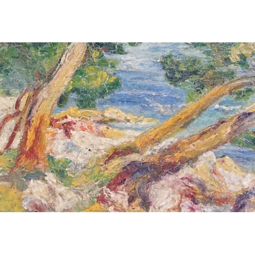 445 - Continental School, study of trees by water, impasto oil on panel, indistinctly signed lower right, ... 