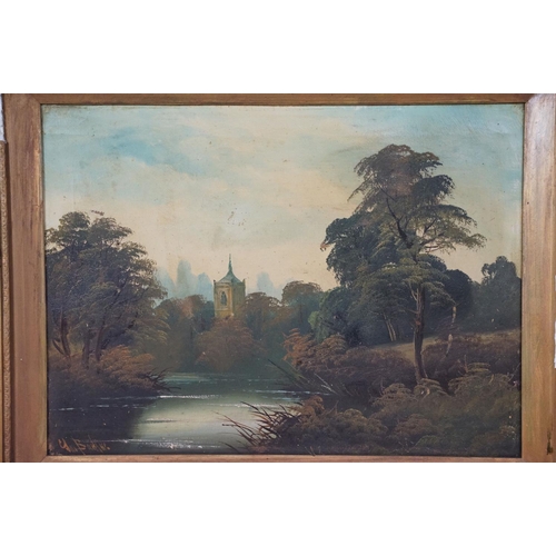 452 - English School, church spire amongst the trees by the riverbank, oil on canvas, signed indistinctly ... 