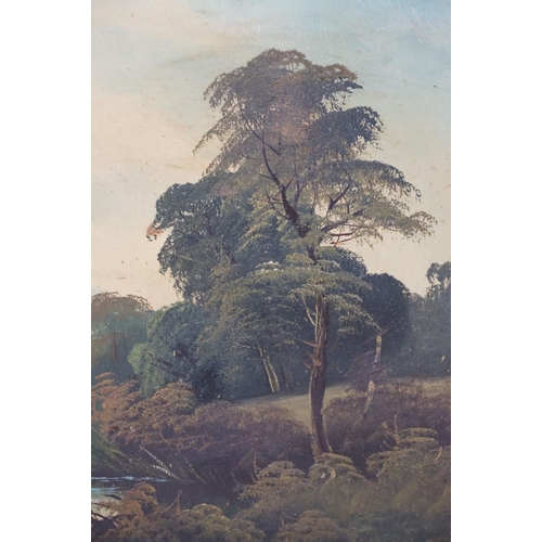 452 - English School, church spire amongst the trees by the riverbank, oil on canvas, signed indistinctly ... 