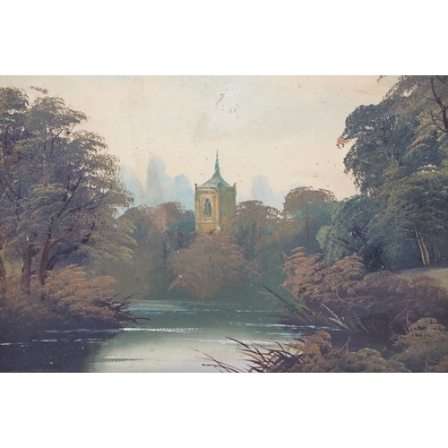 452 - English School, church spire amongst the trees by the riverbank, oil on canvas, signed indistinctly ... 