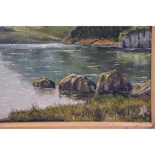 453 - Oil on board of a valley lake scene, artist monogram to lower right, approx 49cm x 34cm, gilt framed