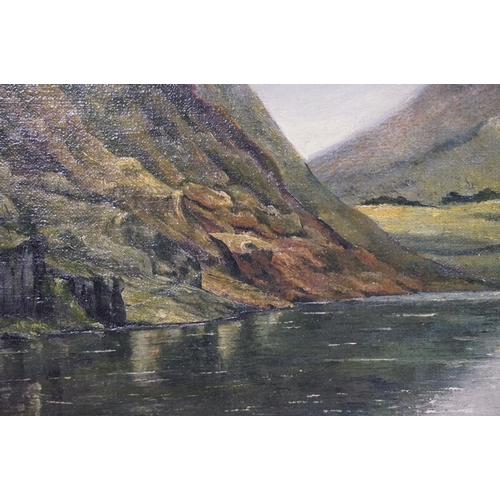 453 - Oil on board of a valley lake scene, artist monogram to lower right, approx 49cm x 34cm, gilt framed