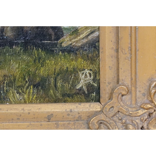 453 - Oil on board of a valley lake scene, artist monogram to lower right, approx 49cm x 34cm, gilt framed