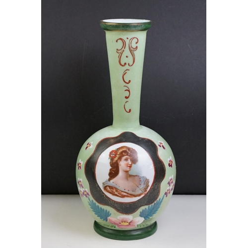 86 - Late 19th / Early 20th century Opaque Glass Vase decorated with a central panel of a young lady sign... 