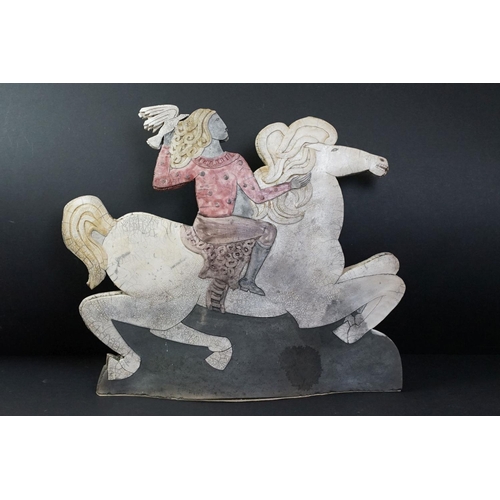 87 - Pottery sculpture of an ancient mythical style figure, with dove in hand, riding a horse, signed Sar... 