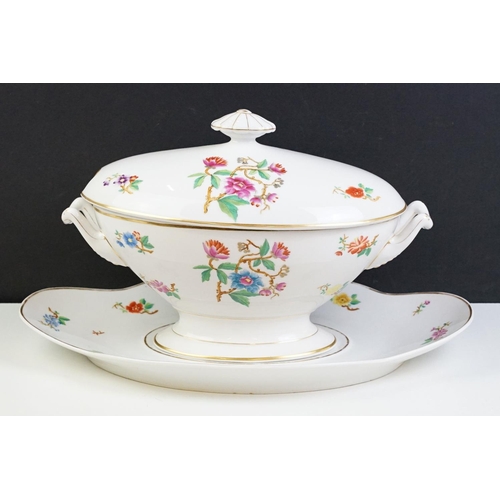 95 - 19th Century white ceramic large footed serving tureen with hand coloured floral decoration, raised ... 