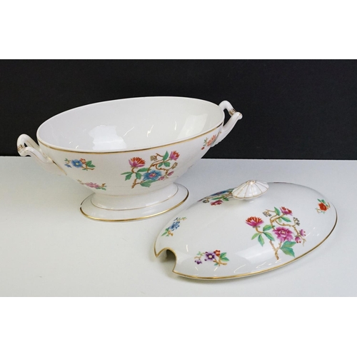 95 - 19th Century white ceramic large footed serving tureen with hand coloured floral decoration, raised ... 