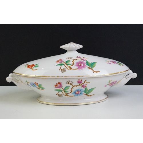 95 - 19th Century white ceramic large footed serving tureen with hand coloured floral decoration, raised ... 