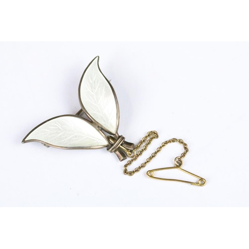 201 - A mid 20th century sterling silver and enamel David Andersen double leaf brooch, white Guilloche ena... 