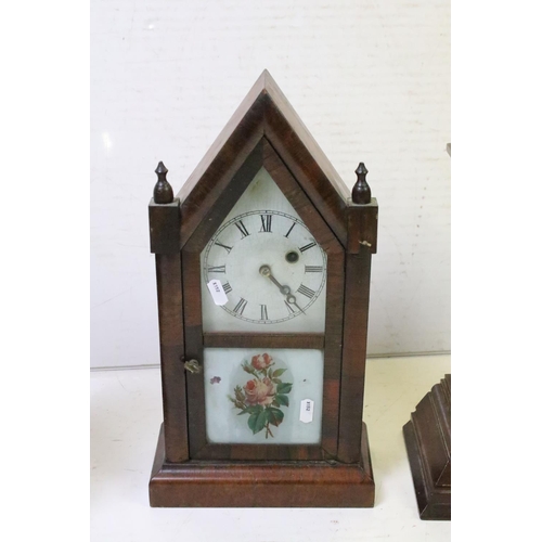 355 - Group of four mahogany mantel clocks to include an Ansonia Clock Co. Sharon Eight Day Strike (37cm h... 