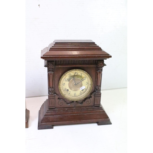 355 - Group of four mahogany mantel clocks to include an Ansonia Clock Co. Sharon Eight Day Strike (37cm h... 