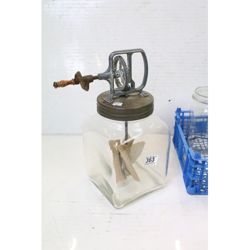 363 - Mid century Glass Butter Churn and Preserve Jars. Butter churn approx 36cm tall