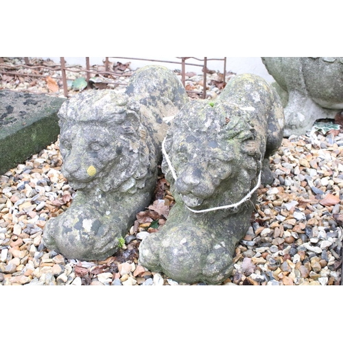 526 - Pair of reconstituted stone recumbent lion garden statues, measure approx 57cm long