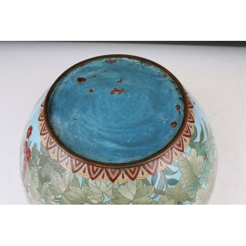 161 - Cloisonné Jardiniere decorated with a bird and flowers on a blue ground, 30cm diameter