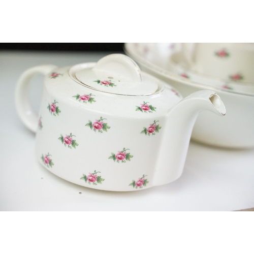 108 - 20th Century Limoges of France tea set with pink rose decoration (teapot, 12 cups & saucers, milk ju... 