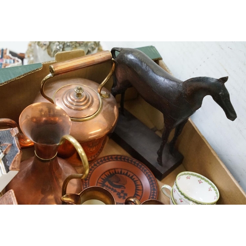 112 - Mixed ceramics & collectables to include a copper kettle, copper jug, wooden model of a horse, 'A Na... 