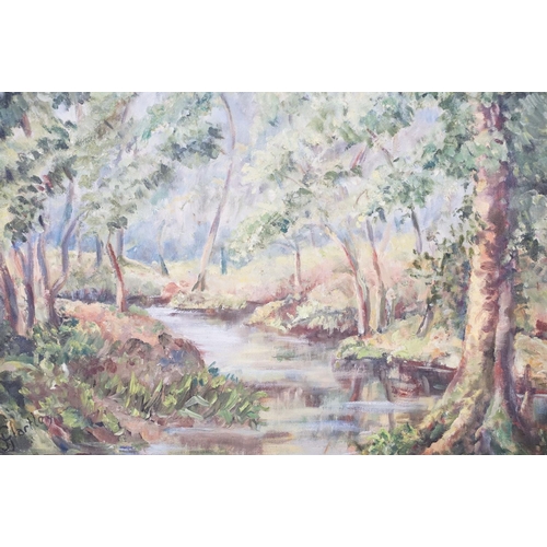 433 - English School, trees at the riverbank, oil on canvas, signed indistinctly lower left possibly J Gla... 