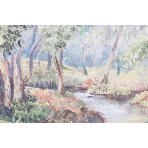 433 - English School, trees at the riverbank, oil on canvas, signed indistinctly lower left possibly J Gla... 