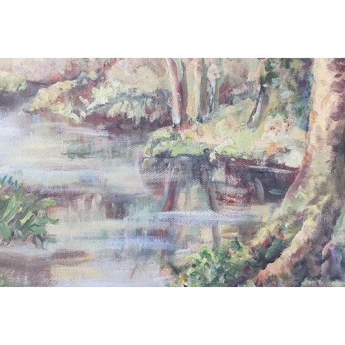 433 - English School, trees at the riverbank, oil on canvas, signed indistinctly lower left possibly J Gla... 