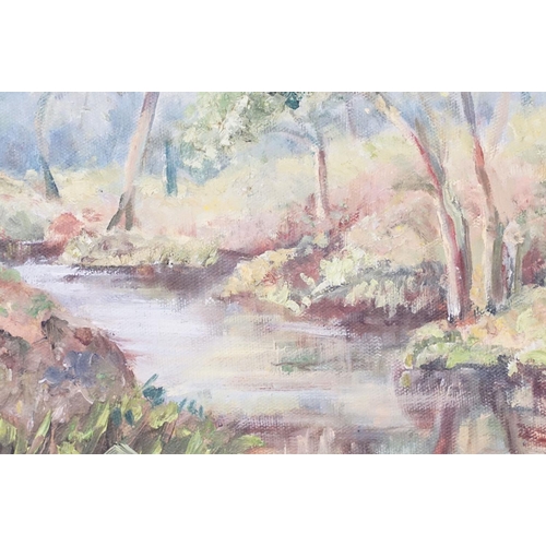 433 - English School, trees at the riverbank, oil on canvas, signed indistinctly lower left possibly J Gla... 