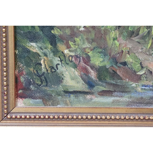 433 - English School, trees at the riverbank, oil on canvas, signed indistinctly lower left possibly J Gla... 