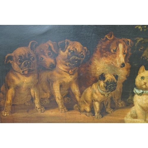 435 - Louis Wain, circa 1900 - 1943, Large Chromolithograph Study of White Kitten and numerous Dogs, gilt ... 