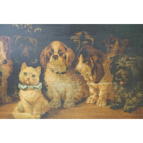 435 - Louis Wain, circa 1900 - 1943, Large Chromolithograph Study of White Kitten and numerous Dogs, gilt ... 