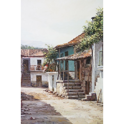 436 - Fernando Moreira Aguiar (Portugese, 20th century) Oil on Board painting depicting a village scene. S... 