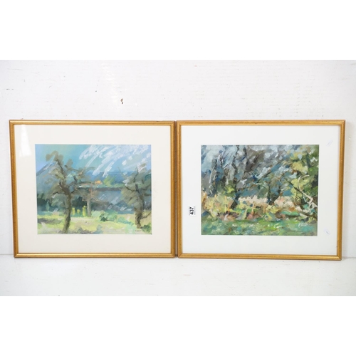 437 - Thierry Citron, abstract study of trees, a pair, pastel, each 31 x 39cm, each framed and glazed