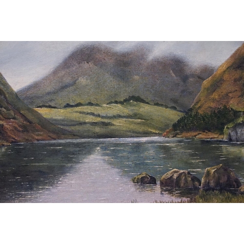 453 - Oil on board of a valley lake scene, artist monogram to lower right, approx 49cm x 34cm, gilt framed