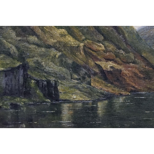 453 - Oil on board of a valley lake scene, artist monogram to lower right, approx 49cm x 34cm, gilt framed