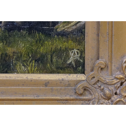 453 - Oil on board of a valley lake scene, artist monogram to lower right, approx 49cm x 34cm, gilt framed