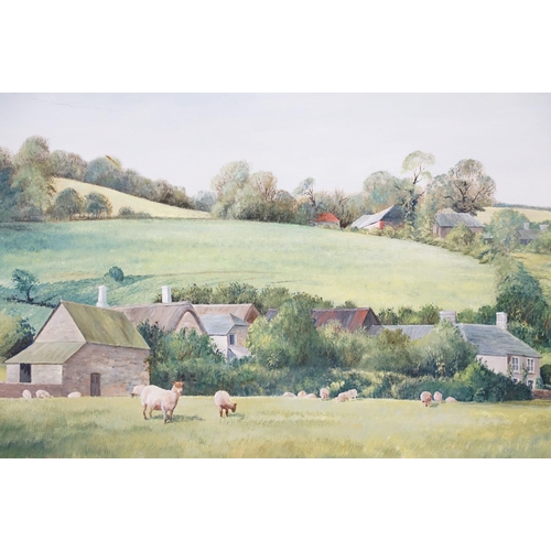 456 - Jo Dollemore, 20th century Oils on Board Devonian Farmhouse with sheep in meadow, signed and dated, ... 