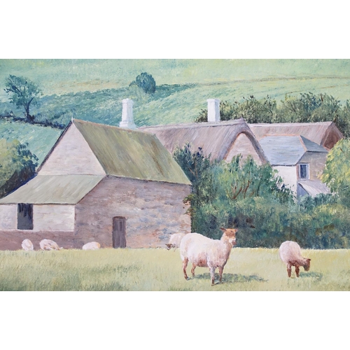 456 - Jo Dollemore, 20th century Oils on Board Devonian Farmhouse with sheep in meadow, signed and dated, ... 