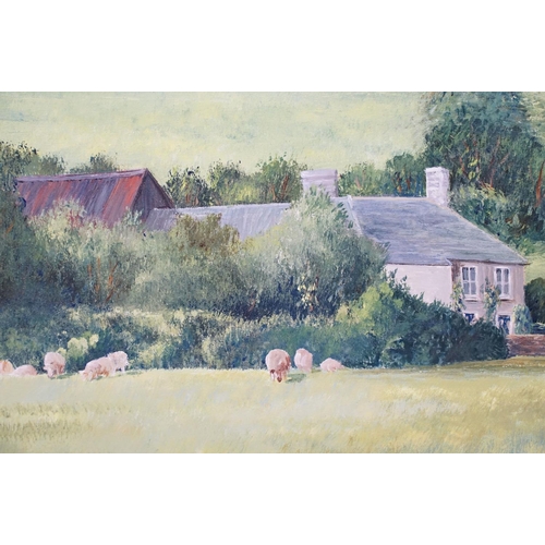 456 - Jo Dollemore, 20th century Oils on Board Devonian Farmhouse with sheep in meadow, signed and dated, ... 