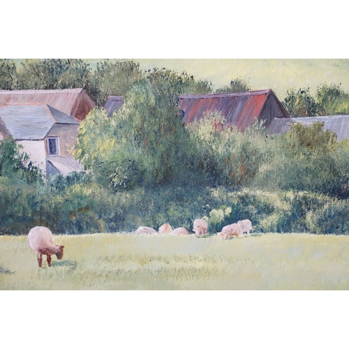 456 - Jo Dollemore, 20th century Oils on Board Devonian Farmhouse with sheep in meadow, signed and dated, ... 