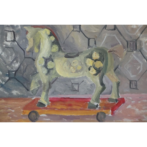 462 - Attributed to Penelope Ellis (b.1935), pull along horse, oil on canvas, 65 x 50cm, with painting ver... 