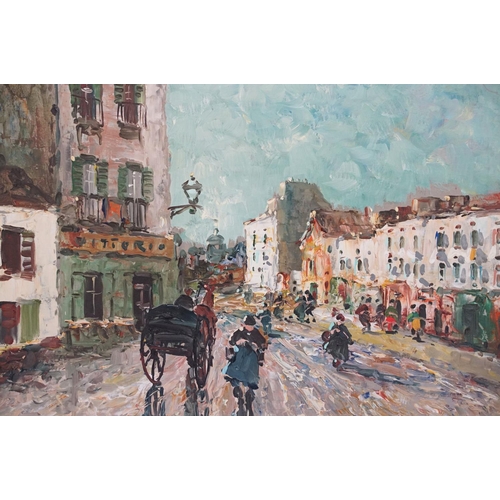 464 - Oil on Panel, signed Continental Impressionist City Scape with Figures and Horse & Cart, 23.5cm x 33... 