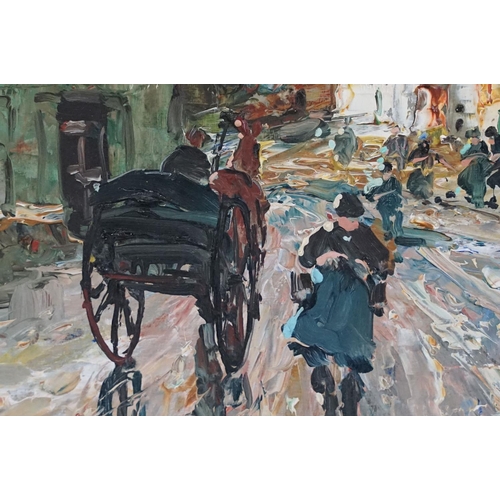 464 - Oil on Panel, signed Continental Impressionist City Scape with Figures and Horse & Cart, 23.5cm x 33... 