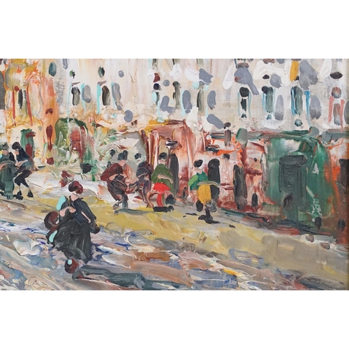 464 - Oil on Panel, signed Continental Impressionist City Scape with Figures and Horse & Cart, 23.5cm x 33... 