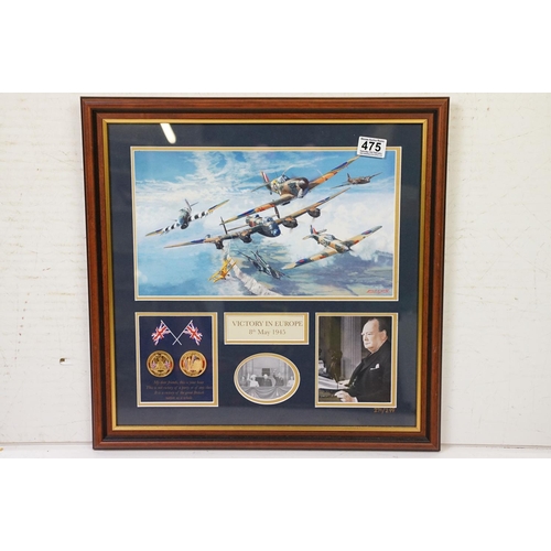 475 - Set of seven Bradford Exchange commemorative framed medallion prints to include Victory in Europe, Q... 