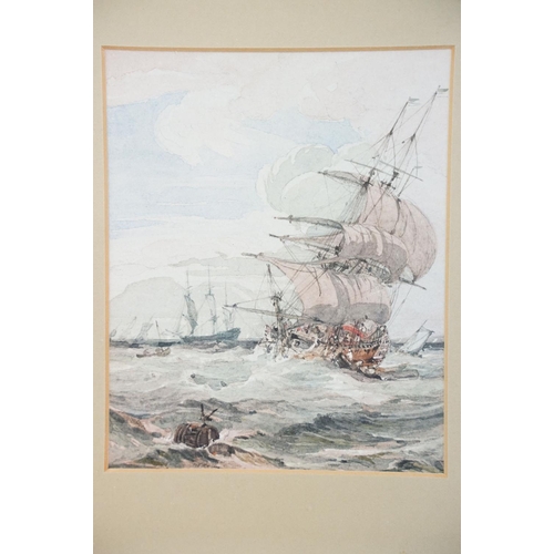 479 - English School, ships at sea, watercolour, a pair, label verso suggests ' Phillips auctioneers say t... 