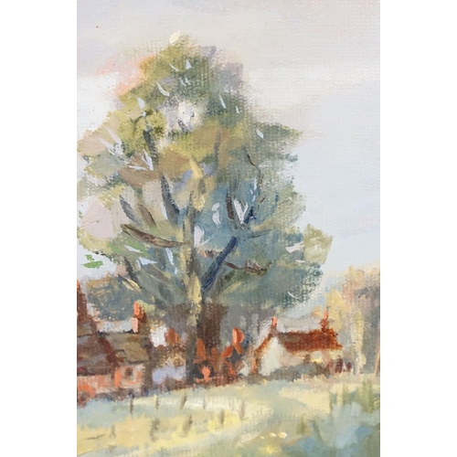 480 - Jean Belcher, Oil on Board Study of Man with Dog strolling in the Chilterns, 24cm x 29cm