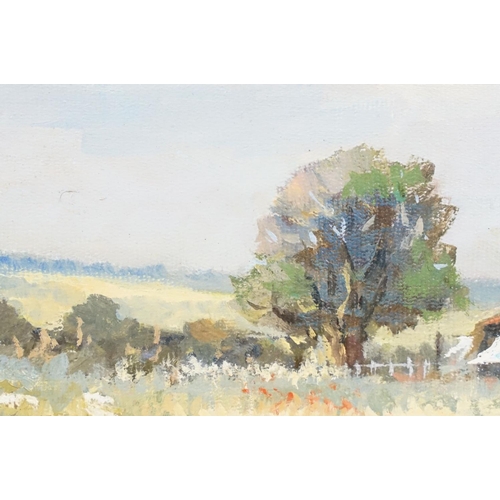 480 - Jean Belcher, Oil on Board Study of Man with Dog strolling in the Chilterns, 24cm x 29cm