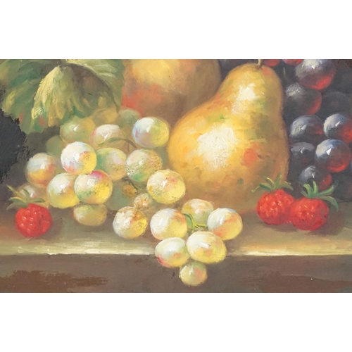 485 - 20th Century oil on board painting depicting a still life of fruit. Sigen to lower right corner ' I ... 