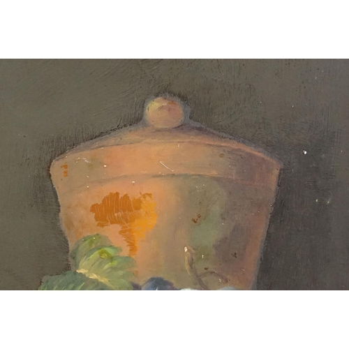 485 - 20th Century oil on board painting depicting a still life of fruit. Sigen to lower right corner ' I ... 