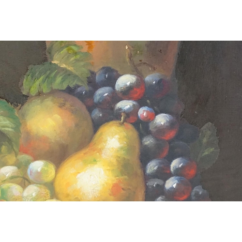 485 - 20th Century oil on board painting depicting a still life of fruit. Sigen to lower right corner ' I ... 